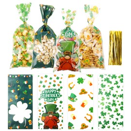 St. Patrick's Day Cellophane Treat Bags Green Lucky Shamrock Candy Bags Goodie Bags Gift Bags with 200PCS Twist Ties for St. Patrick Day Irish Party Supplies 200PCS St. Patrick's Day Cellophane Bags