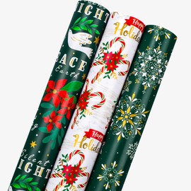 MAYPLUSS Green Christmas Wrapping Paper - 17In x 120In Per Roll - Elegant Gold Red Poinsettia, Vintage Snowflake, Peaceful Dove & Olive Branch in Flight Winter Gift Wrap for Christmas, Holiday, Party