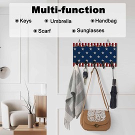 Independence Day Country Star Key Holder Wall Mounted Key Hooks for wall Decorative, Keys Organizer Rack for Entryway, Front Door Kitchen Hallway Office, 4th of July Key Hanger with 5 Hooks, 9.4"x5"