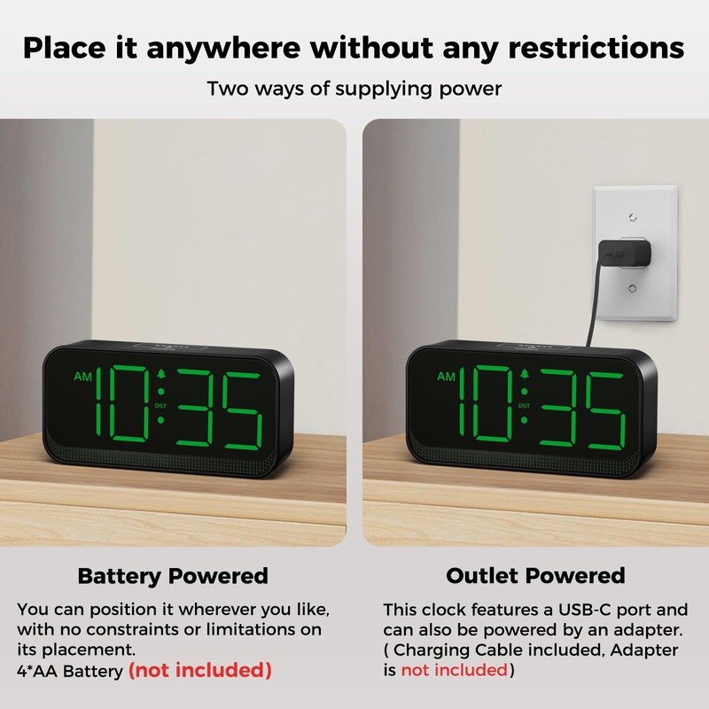 Battery Operated Digital Clock: Cordless Small Alarm Clock for Bedroom