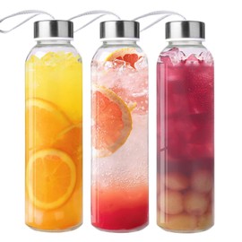 Duocesica 3 Packs Glass Water Bottles with Lid Clear Juicing Bottles Reusable Glass Bottle with Stainless Steel Cap Glass Cups Liquid Storage Containers for Juice Beverage Refrigerator Travel-18oz