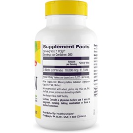 Healthy Origins Biotin 10,000 mcg (USP Grade, Non-GMO, Gluten Free, Hair Support, Nail Support), 360 Veggie Caps