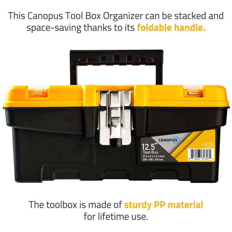 CANOPUS Plastic Toolbox, 12.5-inch Portable Tool Box with Metallic Clutch,