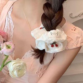 TUCEWP Scrunchies for Women 2Pcs Pearl Cherry Scrunchies for Long Thick Curly Hair Soft White Lace Hair Bands Cherry Hair Scrunchies Cute Scrunchy Ponytail Holders Elastic Hair Ties Hair Accessories