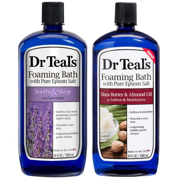 Dr. Teal's Foaming Bath Variety Gift Set (2 Pack, 34oz Ea.) - Soothe & Sleep Lavender, Moisturizing Shea Butter & Almond Oil - Essential Oils Blended with Pure Epsom Salt Ease Pain & Relieve Stress