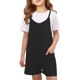 Bnycuml Girl's Casual Sleeveless Short Jumpsuits V Neck Spaghetti Strap Romper with Pocets (Black,140)