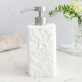 Lunestella Natural White Hand Soap Dispenser with Stainless Steel Pump, for Bathroom and Kitchen, Rough Stone Textured, 12oz