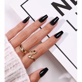 Pure Black Coffin Press on Nails Medium - GJZEZ Soft Gel Ballerina Glossy Square False Nails, Natural Fit Won't Chip Acrylic Glue on Nail for Women | 16 Sizes - 32 pcs Reusable Nails, Classic Black