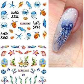 Summer Nail Art Stickers 12 Sheets Seashell Starfish Water Transfer Nail Foils Decals Jellyfish Shells Sea Turtles Seahorses Design Acrylic Nail Stickers Ocean Theme Nail Supplies for Women DIY Decor