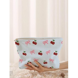 Red Cherry & Bow Pattern Makeup Bag, Pouch, Purse Women, Lightweight Multi-functional Fashion Compact Makeup Bag, Casual Travel Makeup Bag, Suitable for Leisure Travel and Various Occasions, Vintage Chic Casual Zipper Purse:_Light Wash_one-size