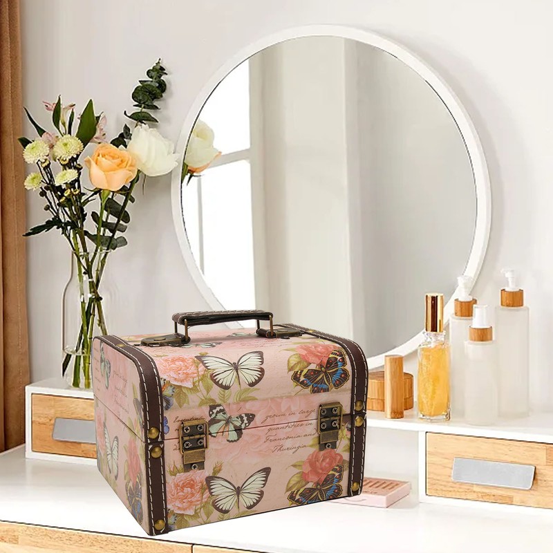 Treasure Chest Box Pink Butterfly Pattern Exquisite Retro Wooden PU