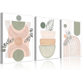 Framed Canvas Wall Art Geometric Line Botanical Design,Boho Wall Art Set of 3,Abstract Geometric Boho Wall Decor Palm Leaf Sage Green and Blush Pink Canvas Artwork to Hang Bedroom decor ,12"x16"