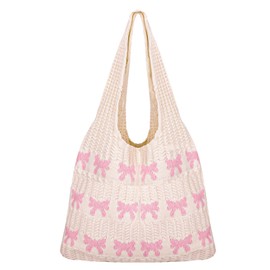 FYSUIMU Pink Bow Crochet Tote Bag Coquette Bowknot Aesthetic Beach Mesh Knitted Shoulder Bag for Women Summer Beach Shopping
