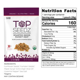 Top Seedz Certified Organic Gluten Free Vegan Sweet Heat Roasted Seeds | 2-Pack | 6 Ounces | Made of Shelled Sunflower & Pumpkin Seeds, Maple Syrup, Cayenne, and Extra Virgin Olive Oil