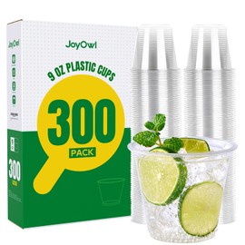 JoyOwl 300 Pack 9 OZ Clear Plastic Cups, Disposable Crystal Punch Cup, PET Plastic Party Cups for Iced Beverages, Juice and Cold Drinks