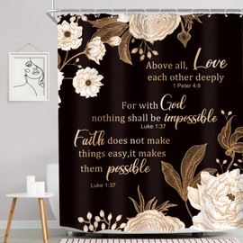 MESHELLY Black and Gold Shower Curtain 60Wx72H Vintage Flower Shower Curtain Peony Floral Christian Shower Curtain Women Scripture Quotes Shower Curtain Bible Verse Bathroom Decor Fabric with 12 Hooks