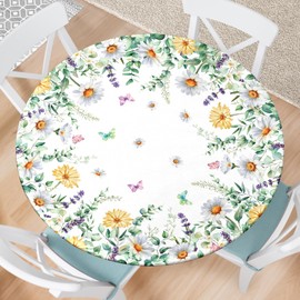 Kamoor Floral Round Fitted Tablecloth with Elastic Edge Eucalyptus Leaves Round Outdoor Tablecloth Waterproof Round Table Cover for Picnic Party Decor Fits 40"-44" Diameter Round Tables