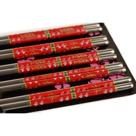 [100 PAIRS] Premium Red Flower Reusable Stainless Steel Chopsticks - Metal Stainless Steel Chopsticks Set - Great for Dinner, Kitchen, Ramen, Dishwasher Safe by EcoQuality (8.8 inches)