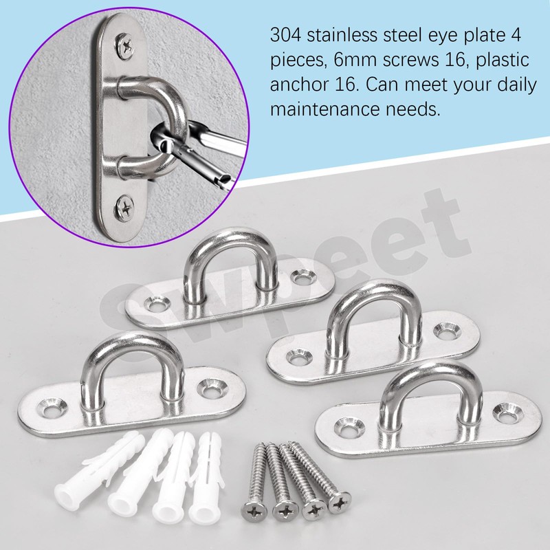 Swpeet 4Pcs M8 304 Stainless Steel Silver Oval Pad Eye