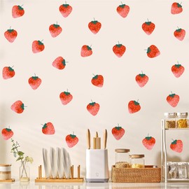Watercolor Strawberries Wall Decals Vintage Fruit Wall Sticker Retro Strawberry Wall Stickers Peel and Stick Kitchen Declas Boho Stickers for Nursery Kid Room Decor