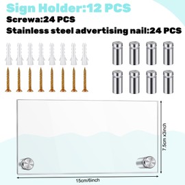 Demissle 12 Sets Clear Acrylic Wall Name Plate Holders Office Door Mount Name Plate Holder with Stainless Steel Standoff Screws for Office Home Store Restaurant (6 x 3 Inch)