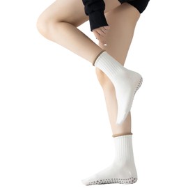 Yoga Pilates Socks with Grips for Women Non Slip Colorful Cushioned Crew Socks for Barre Ballet Dance (Cream White)