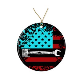 JenaGifts American Flag Mechanic 2021 Christmas Ornaments - Memorial Ornament - Gift Ceramic Holiday Decoration Present Porcelain 3'' Flat with Gold Ribbon Both Sides White