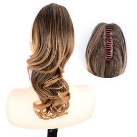 DIGUAN 13 Inches Ombre Claw Clip In Wavy Loose curly Synthetic Wrap Around Ponytail Extensions Short Pony Tail Clip In Extensions for Women Girl 4oz/115g (Dark Brown to Medium Brown)