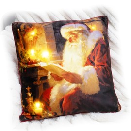 Darthome Reading Santa LED Cushion 45x45cm Red Square Light Up Christmas Filled Pillow B
