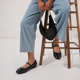 Modatope Black Ballet Flats for Women Dressy Bow Bowknot Closed Square Slip on Ballerina Flats with Strap Black Mary Jane Shoes Size 7