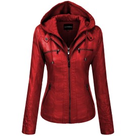 Tanming Women's Removable Hooded Faux Leather Jackets (WineRed-L)