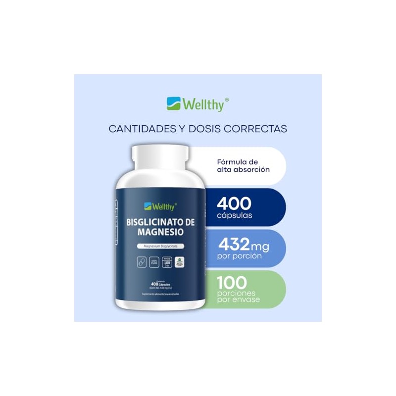 Wellthy Bisglicinato Magnesio 400 Cápsulas 432mg 100 Natural Alta Absorción
