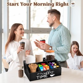 Wacloud Coffee Station Organizer – Wooden Condiment Holder for Coffee Bar Accessories, Tea Bags, Pods, Stirrers – Rustic Countertop Storage Basket for Home & Office