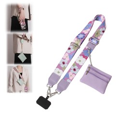 RENUIS Phone Strap with Zippered Pouch, Clip and Go Strap for Phone with Wallet Crossbody, Adjustable Crossbody Phone Strap, Multifunction Phone Lanyard Crossbody (Flower Purple)