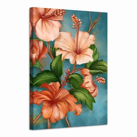 LevvArts Orange and Teal Wall Decor Hawaiian Hibiscus Flower Paintings Picture Tropical Floral Canvas Art for Living Room Kitchen Decoration 24"x36"