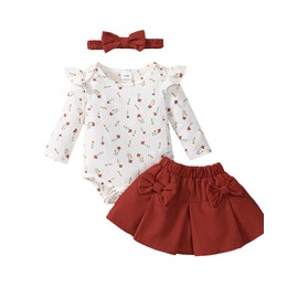 Borlai Newborn Baby Girl Clothing Long Sleeve Floral Ruffle Romper Corduroy Skirt Princess Dress Headband Outfits Set, red