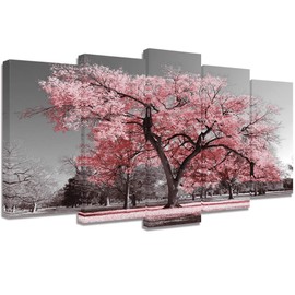 Visual Art Decor Large 5 Pieces Black and White Canvas Wall Art Pink Tree Landscape Picture Prints Framed and Stretched Painting Wall Decoration for Modern Living Room Office (5 Pieces)