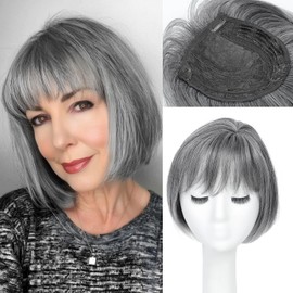 Flyroseing Grey Mixed Hair Toppers for Women with Thinning Hair, Hair Topper Hair Pieces for Women Short Bob Hair Toppers with Bangs Side Part, Synthetic Wig Toppers for Thinning Hair