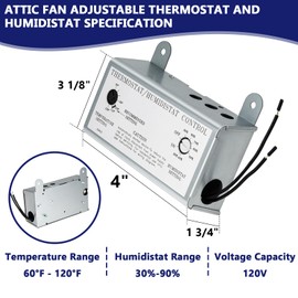 Hiorucet Attic Fan Adjustable Thermostat and Humidistat with Built-in Fire Safety Shut Off Fuse for Powered Attic Ventilators, Thermostat with Humidity Control for Attic Fan, Workshops, Greenhouses