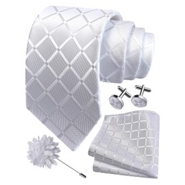 GUSLESON Mens White Tie for Wedding Solid Silk Plaid Checkered Necktie Pocket Square Cufflinks and Lapel Pin Brooch Set (6104-19)