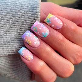 Colorful Flower Press on Nails Short Square Fake Nails Colorful French Tip Designs Summer False Nails Pink Full Cover Acrylic Nails File Stick Jelly Glue on Nails DIY Kit for Women 24PCS