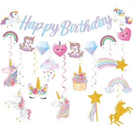 Shalve Unicorn Birthday Party Decorations Supplies with Birthday Unicorn Banner and Unicorn Hanging Swirl Stars, Rainbows, Diamonds, Clouds Favors decor