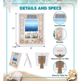 CoTa Global Oceanic Sea Turtle Photo Box Frame 5X7 Frame - White Wood Seashell Photo Frame for Summer Vacation Memory, Handmade Tropical Sand Nautical Picture Frame For Tabletop or Wall Hang - 11 Inch