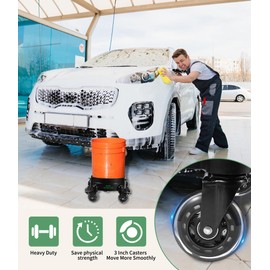 Bucket Dolly with Wheels,Heavy-Duty 360°Rolling Car Wash Bucket Dolly with 5 Wheels and 2 Locking Casters Compatible with 4, 5 and 6 Gallon Buckets (Black, 3''Casters Roller Wheels)