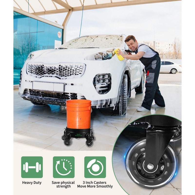 Bucket Dolly with Wheels,Heavy-Duty 360°Rolling Car Wash Bucket Dolly with