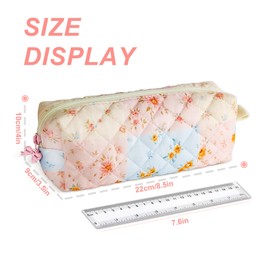 shiprabags Cute Quilted Pencil Case for Girls Women, Aesthetic Small Floral Pencil Pouch,Slim Soft Pencil Bag for School Supplies Makeup Pouch for School & Daily Use (pinkblue floral)