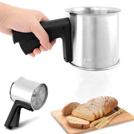 Kitchen Flour Sifter for Baking, 3 Cup Stainless Steel Flour Sifter with Double Layer Fine Mesh, One Hand Press Crank, Hand Crank Squeeze Sifter for Flour Powdered Sugar Baker(COLOR:silver)
