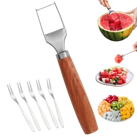 Watermelon Cutter with 5 Forks Stainless Steel Watermelon Slicer Wooden Handle Cutting Tool Fruit Cutter