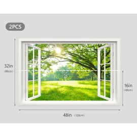 Fake Window Decal - 48"x32" Pre-Cut Vinyl Wall Art (Top & Bottom Panels) | Green Forest Scene Mural Sticker | Removable Peel & Stick Decor