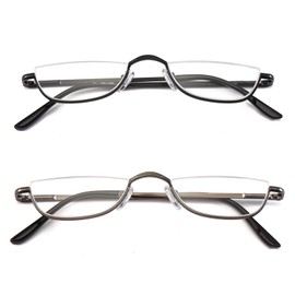 KoKoBin Half Reading Glasses - 2 Pairs Half Rim Metal Frame Glasses Spring Hinge Readers for Men and Women, Black+Gunmetal 2.00